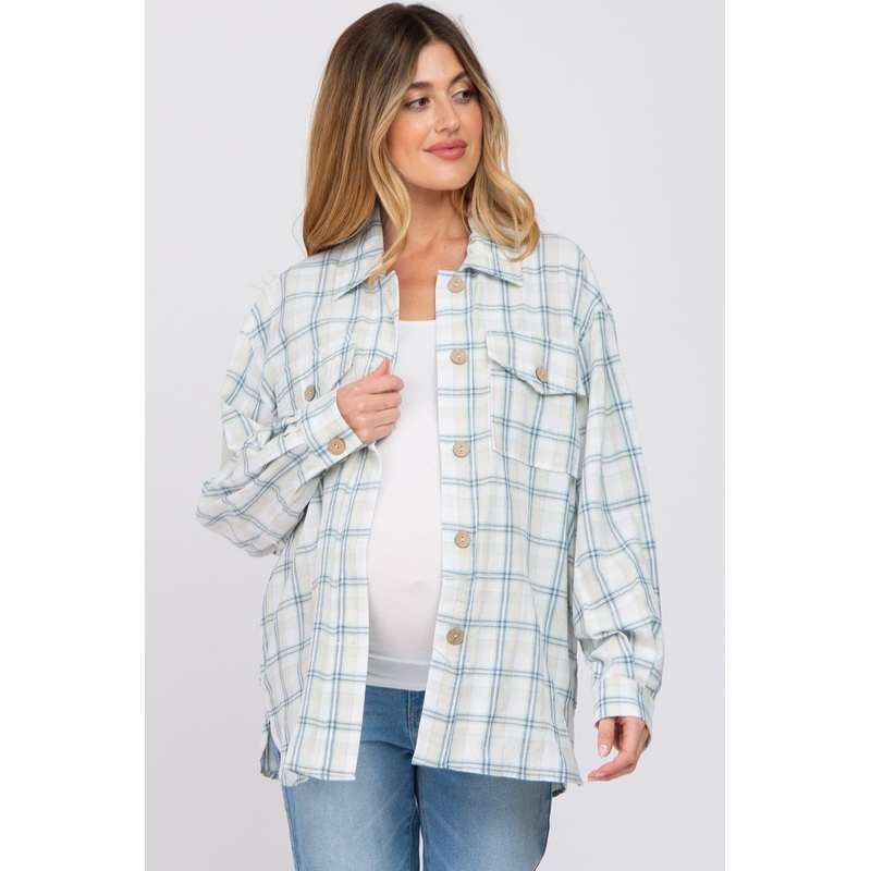 Beige Plaid Lightweight Button Up Maternity Top