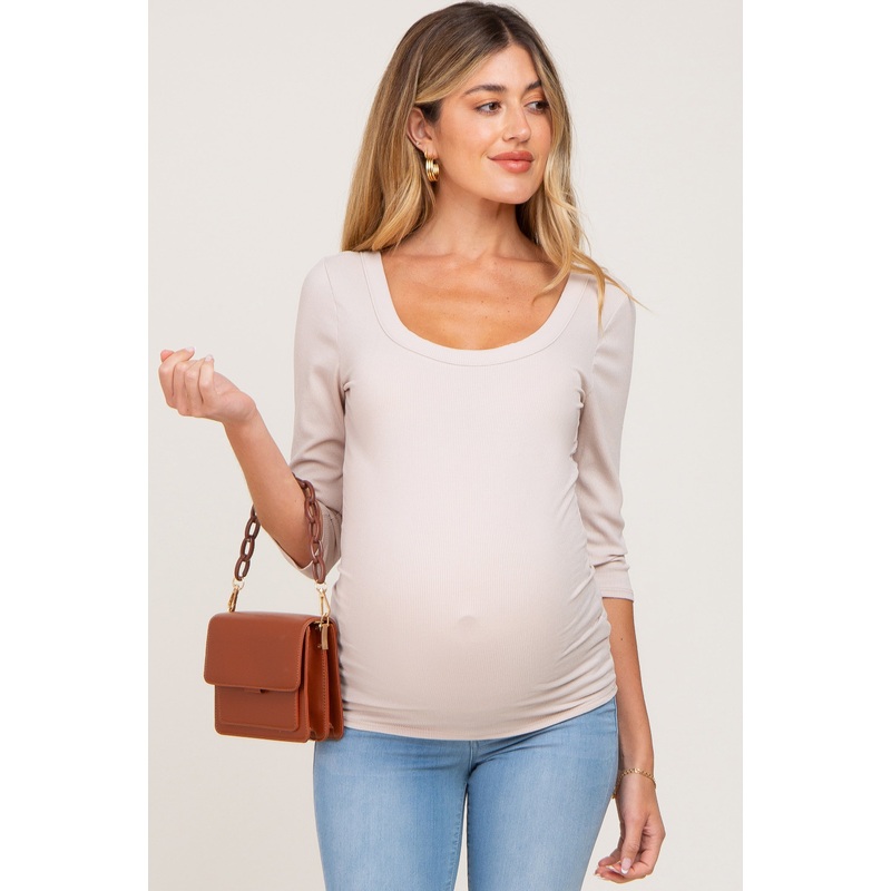 Beige Ribbed Scoop Neck Maternity Top