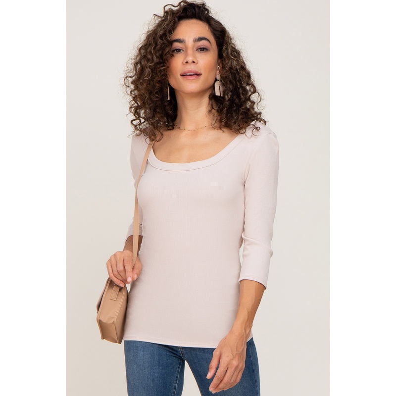 Beige Ribbed Scoop Neck Top