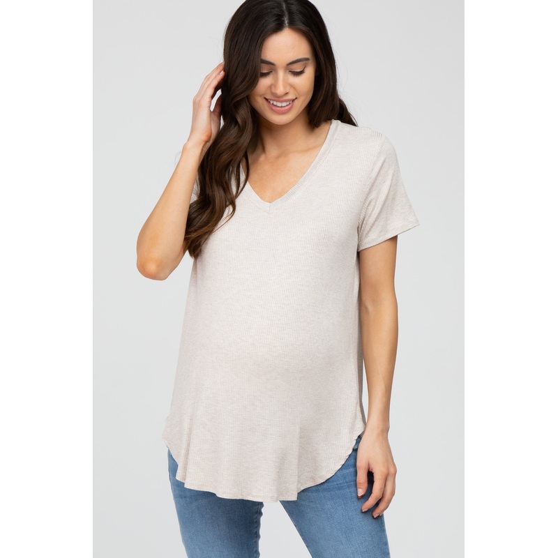 Beige Ribbed V-Neck Short Sleeve Maternity Top
