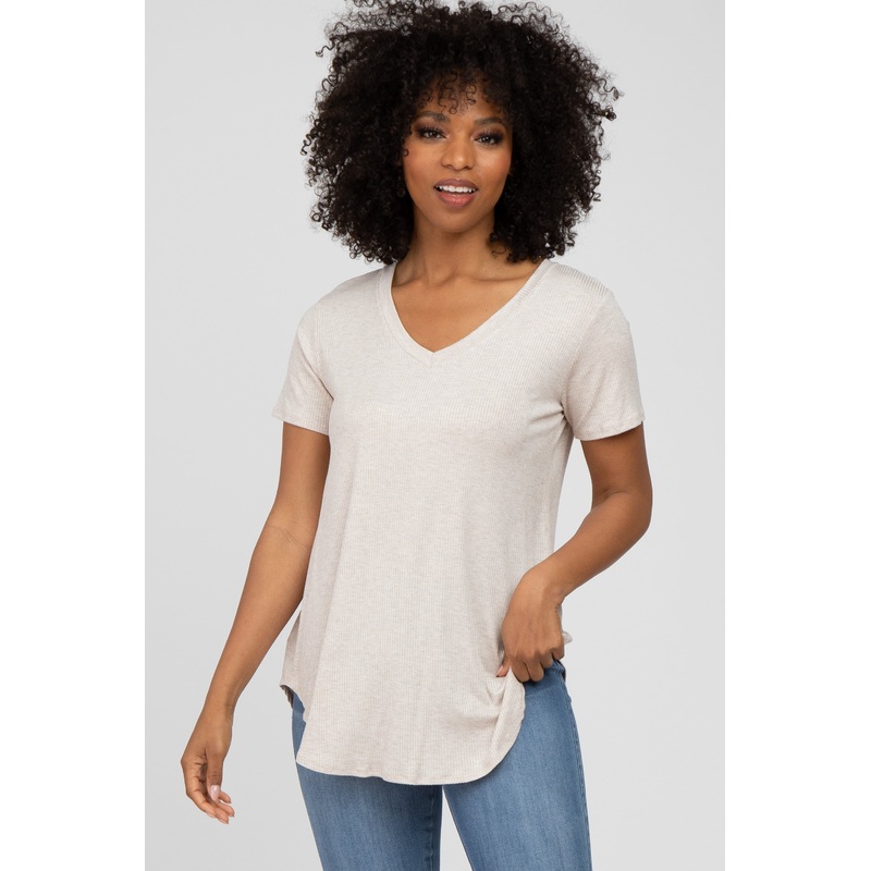 Beige Ribbed V-Neck Short Sleeve Top