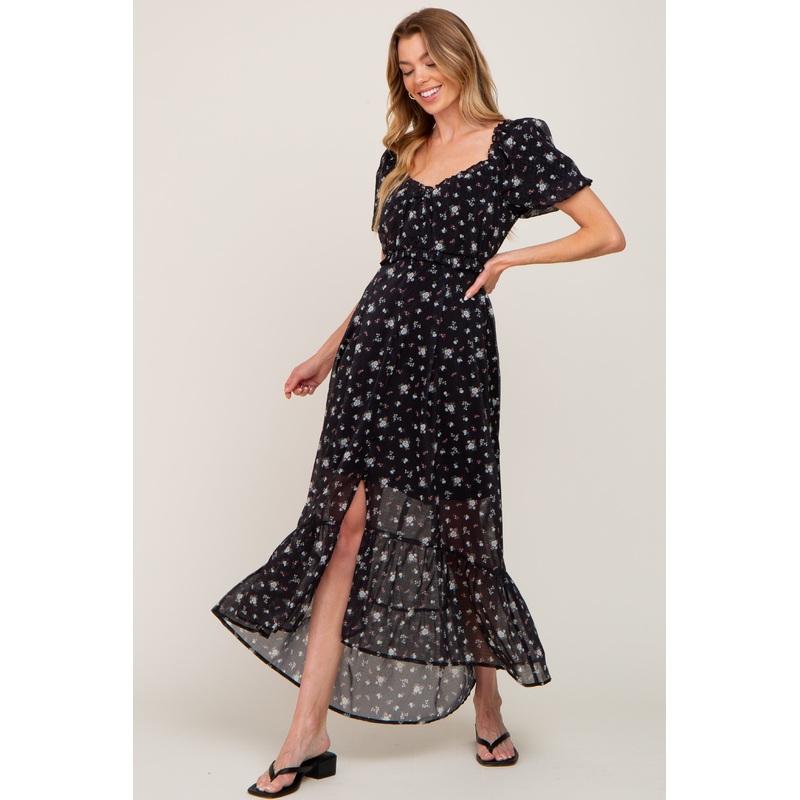 Black Floral Button Accent Puff Sleeve Maxi Dress