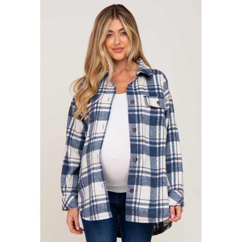 Blue Plaid Maternity Shirt Jacket