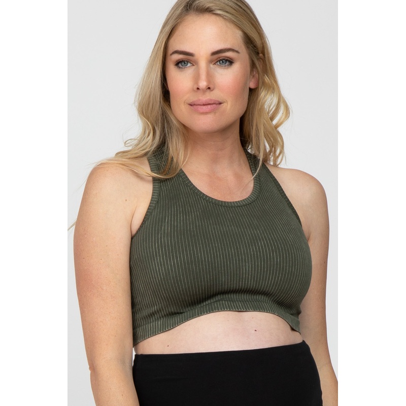 Olive Vintage Wash Ribbed Maternity Sports Bra