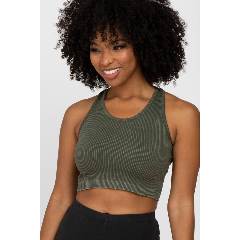 Olive Vintage Wash Ribbed Sports Bra