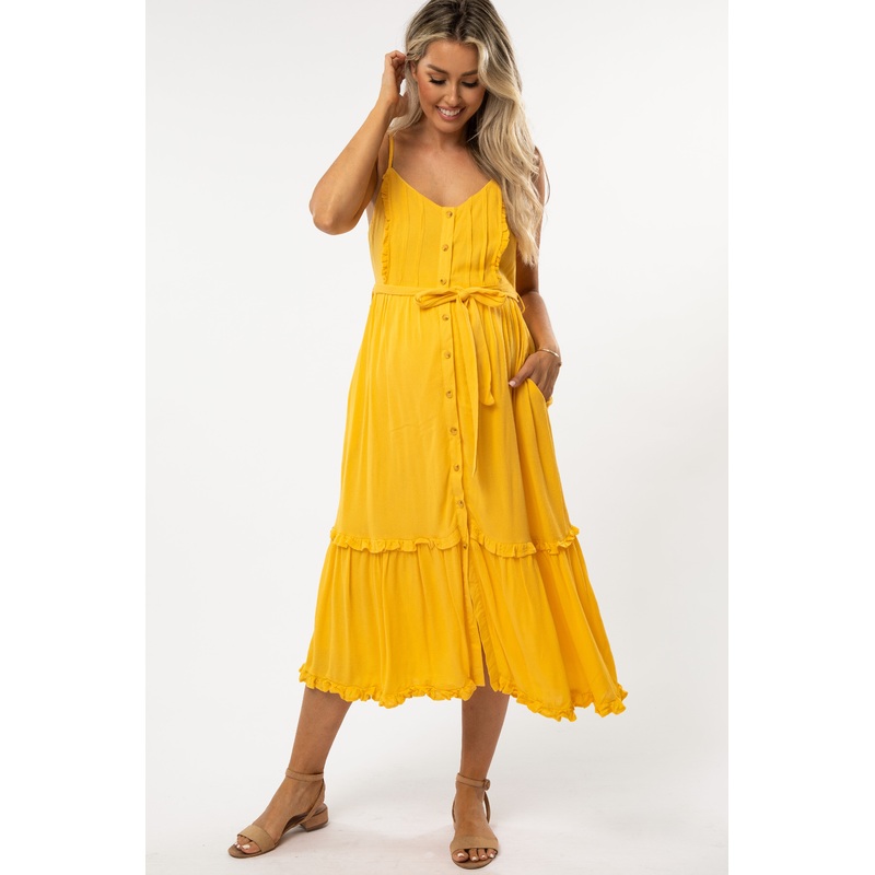 Yellow Front Button Ruffle Tiered Hem Maternity Midi Dress