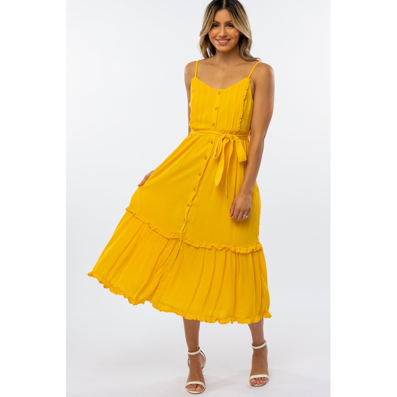 Yellow Front Button Ruffle Tiered Hem Midi Dress