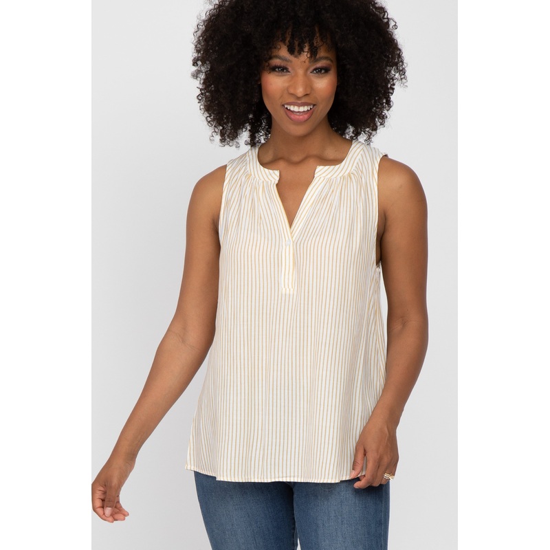 Yellow Striped Button Front Sleeveless Blouse