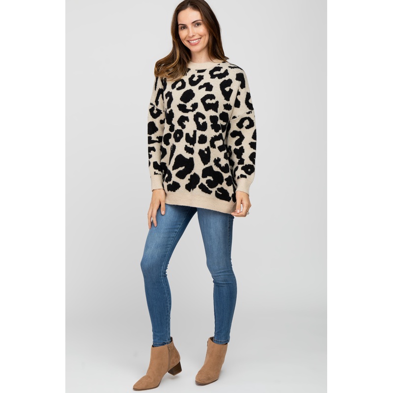 Beige Animal Print Oversized Sweater