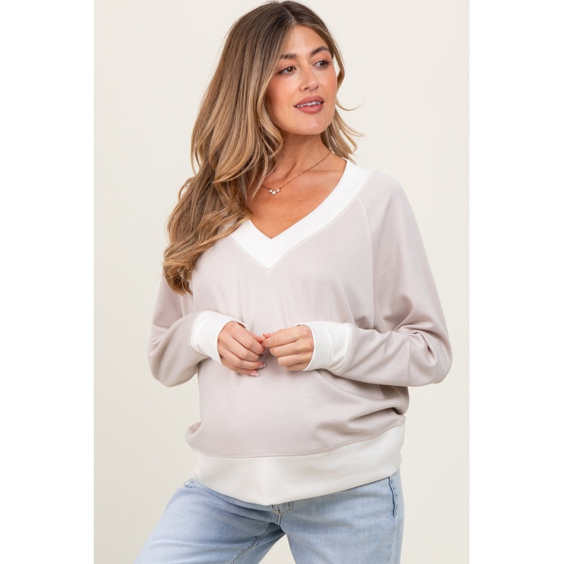Beige Colorblock V-Neck Maternity Pullover Top
