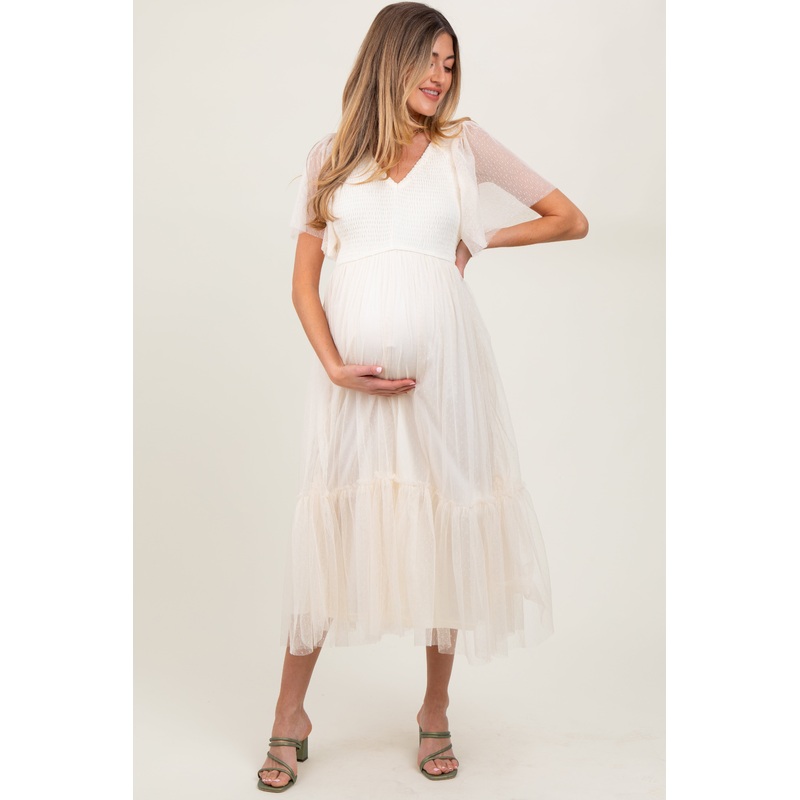 Beige Dotted Tulle Smocked Maternity Midi Dress