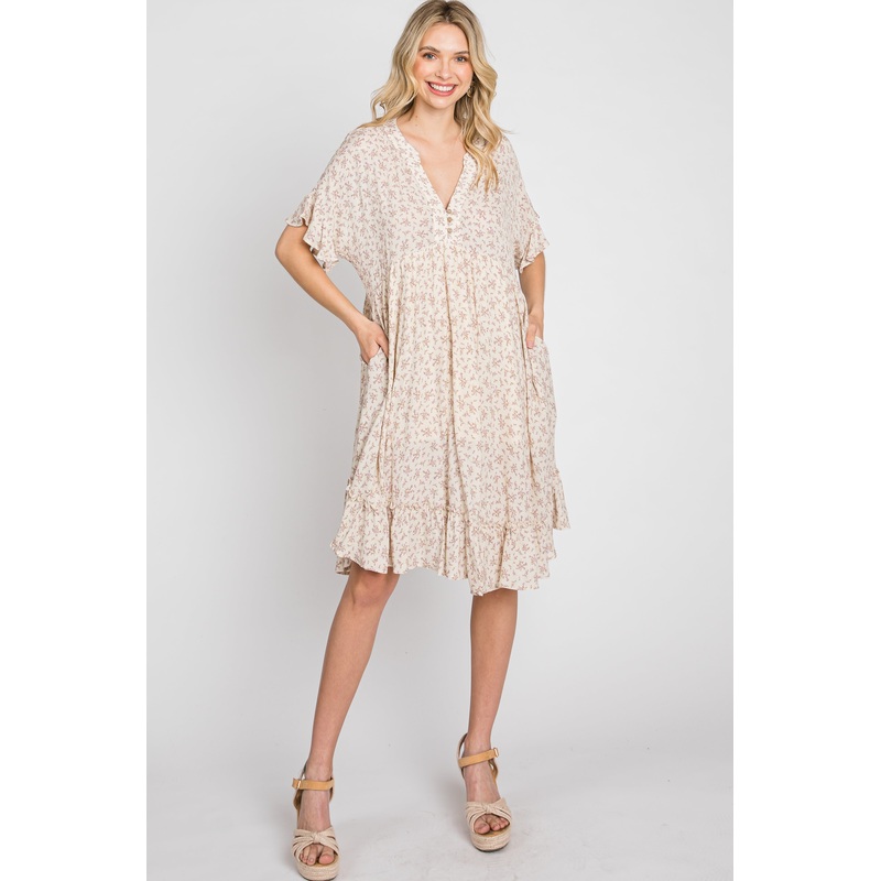 Beige Floral Short Sleeve Ruffle Hem Dress