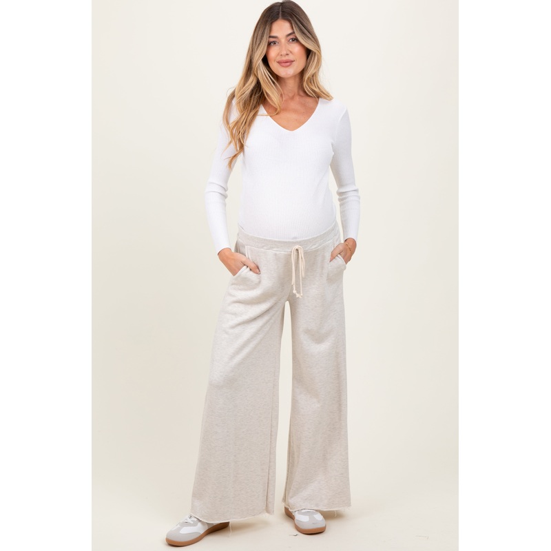 Beige French Terry Raw Edge Maternity Wide Leg Pants