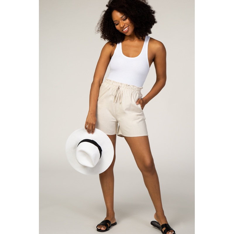 Beige Linen Smocked Waist Shorts
