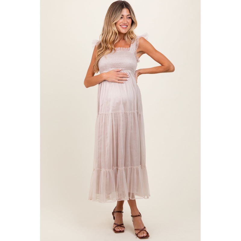 Beige Mesh Overlay Smocked Maternity Midi Dress
