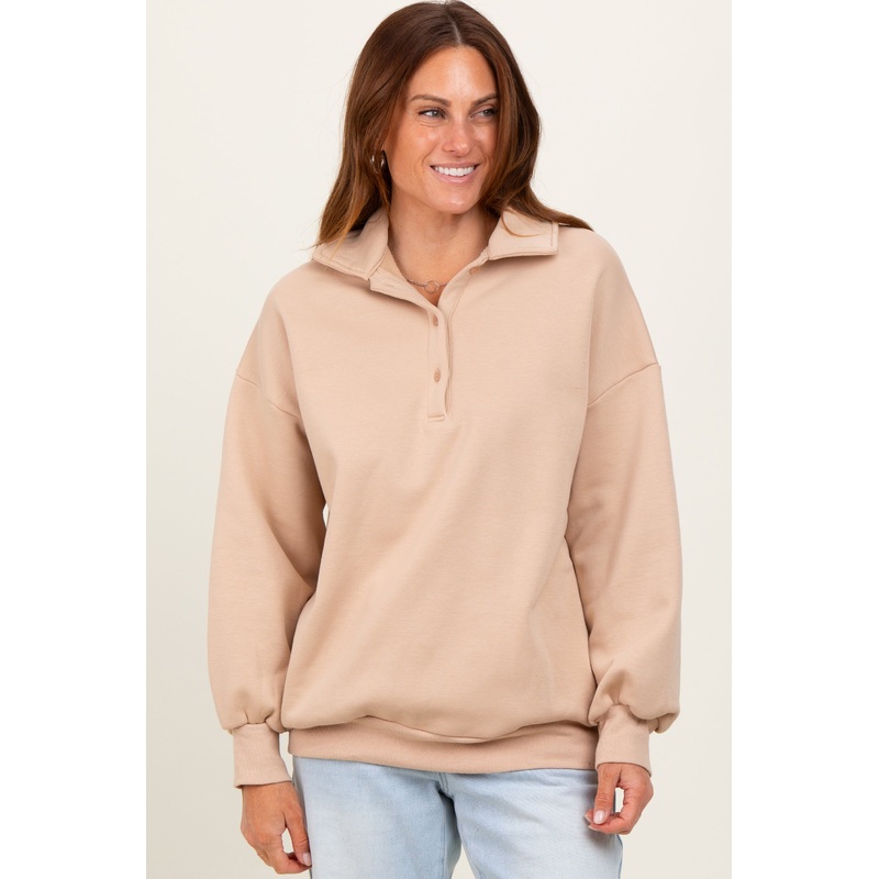Beige Oversized Long Sleeve Polo Pullover