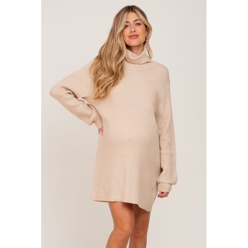 Beige Turtleneck Maternity Sweater Dress