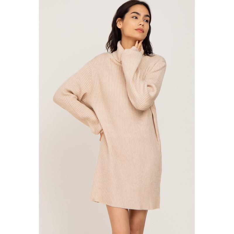Beige Turtleneck Sweater Dress