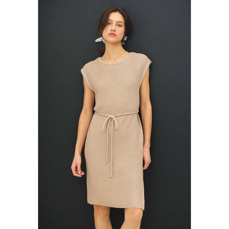 Beige Waffle Knit Sash Tie Short Sleeve Dress