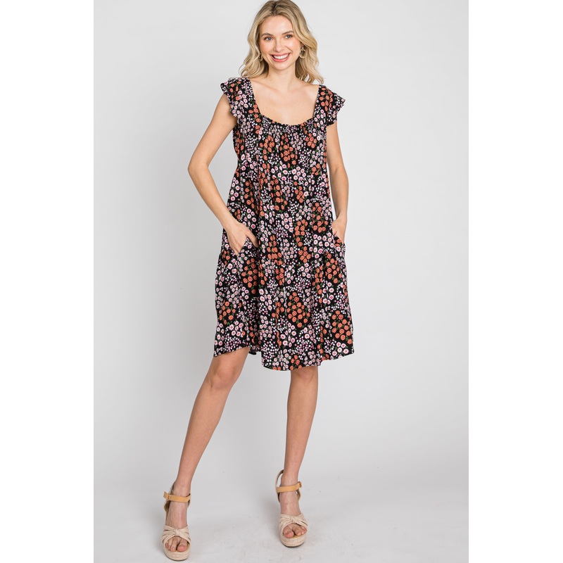 Black Ditsy Floral Flutter Sleeve Dress