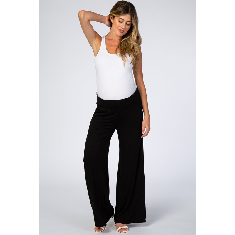 Black Smocked Waist Maternity Pants