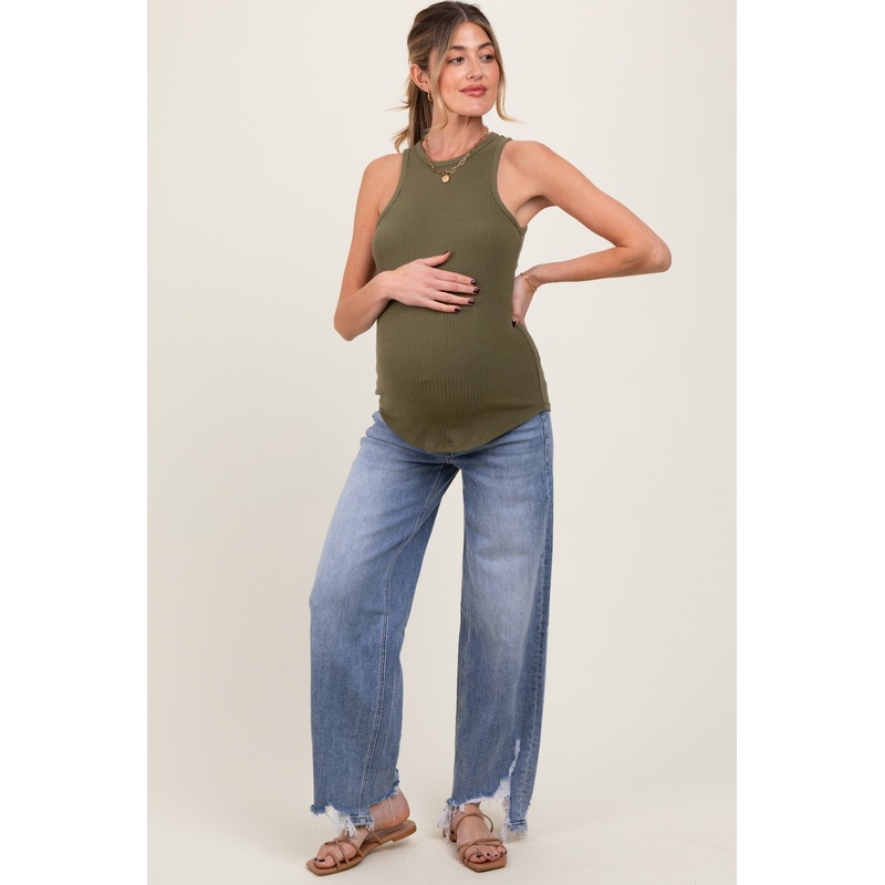 Light Blue Distressed Asymmetrical Fringe Hem Straight Leg Maternity Jeans