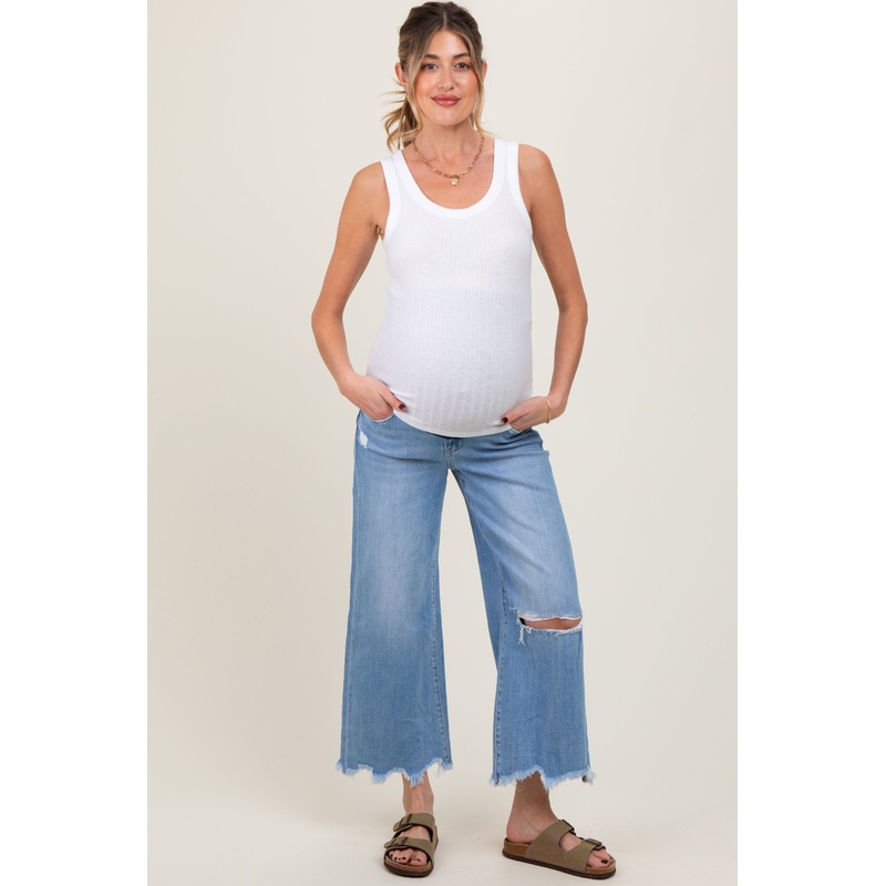 Light Blue Distressed Hem Open Knee Cropped Wide Leg Maternity Jeans