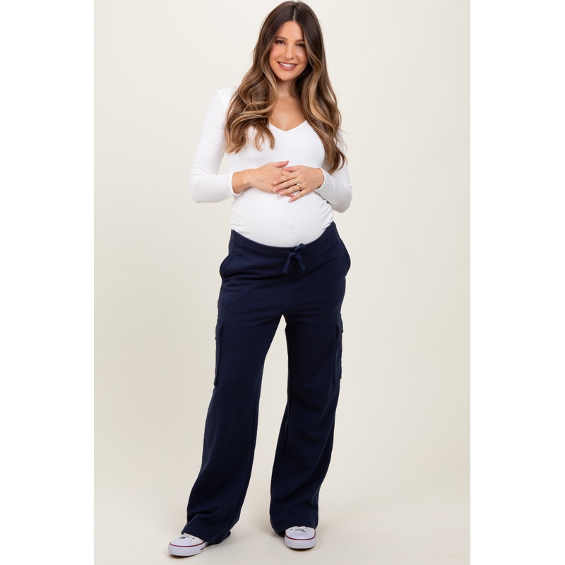 Navy Cargo Pocket Straight Leg Maternity Sweatpants