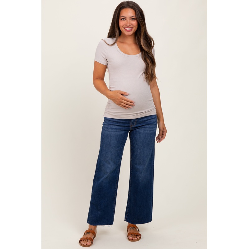 Navy Cut Hem Wide Leg Maternity Jeans