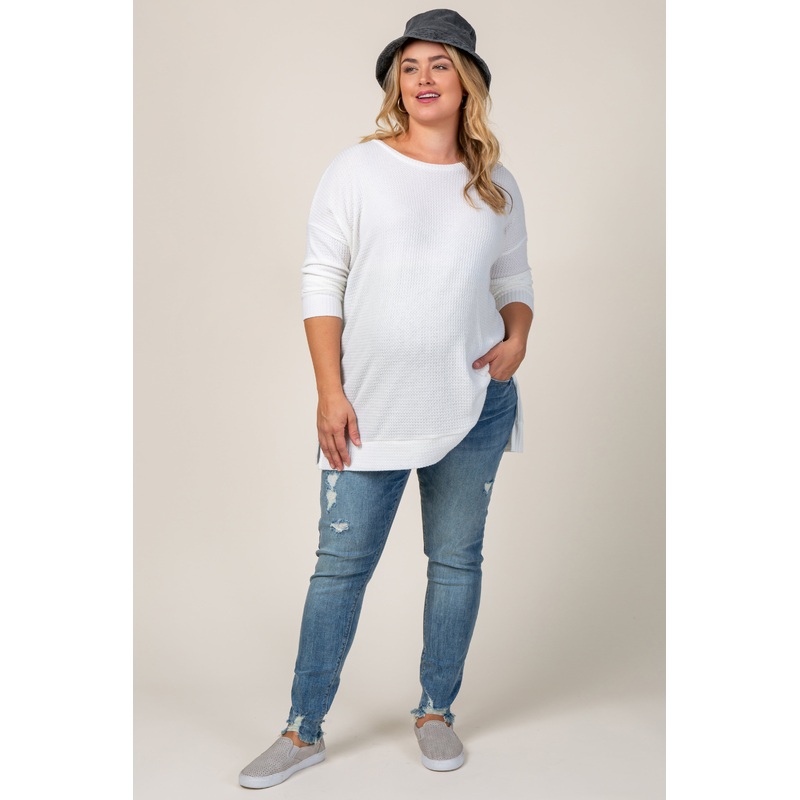 PinkBlush Medium Wash Distressed Hem Plus Maternity Jeans