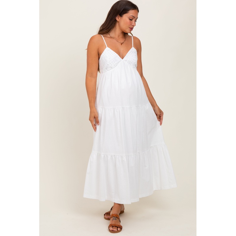 White Crochet Flare Smocked Maternity Maxi Dress