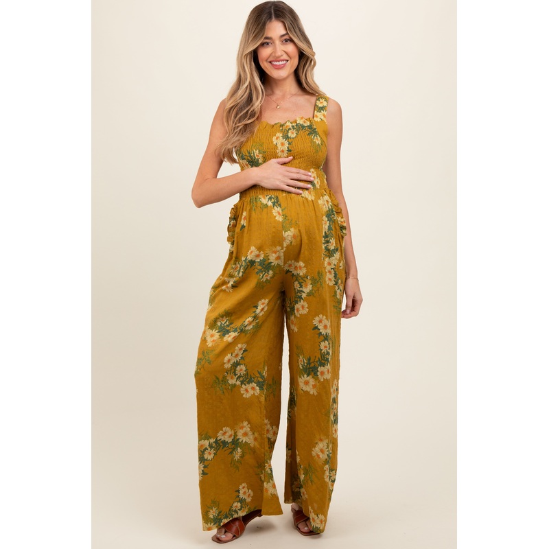 Yellow Floral Smocked Maternity Jumpsuit
