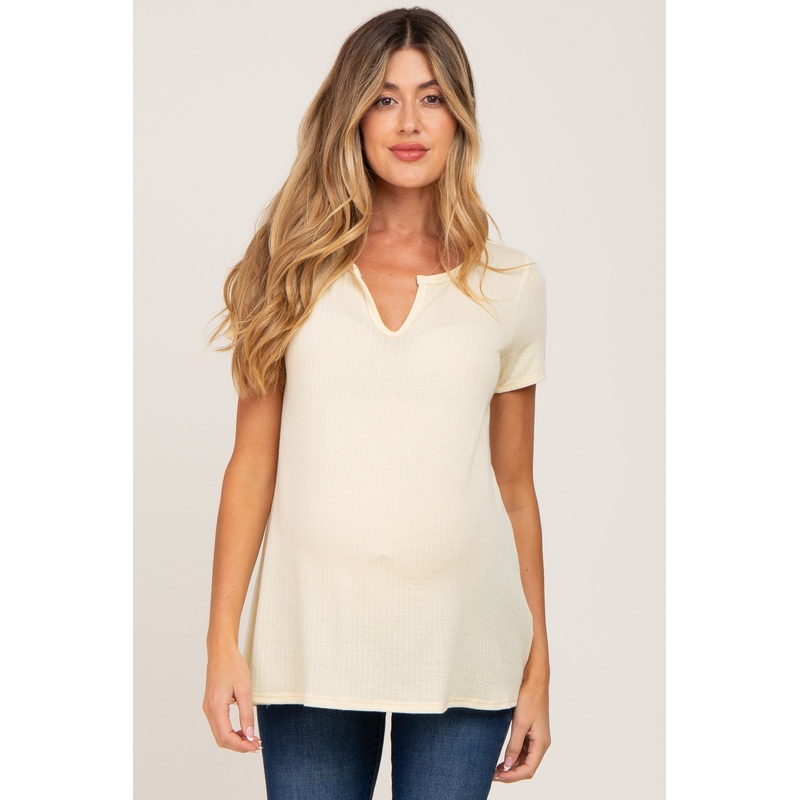 Yellow Ribbed Short Sleeve Maternity Top