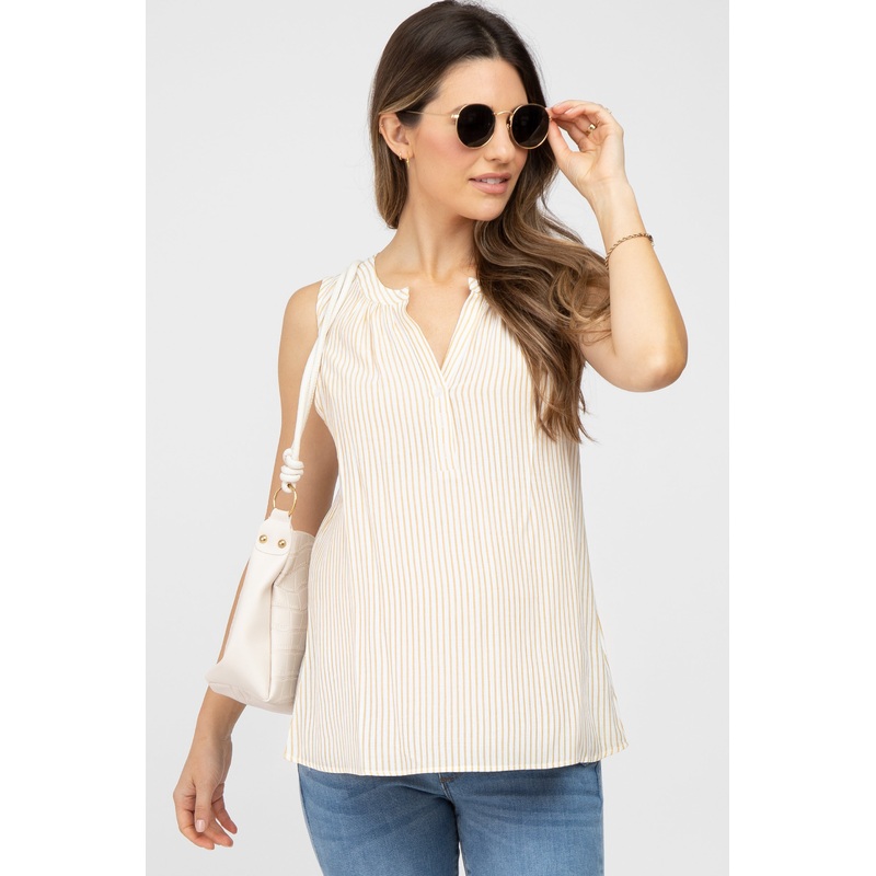 Yellow Striped Button Front Sleeveless Maternity Blouse