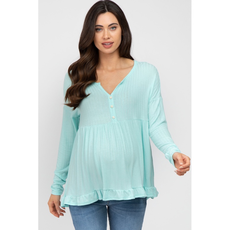 Aqua Button Accent Long Sleeve Maternity Top