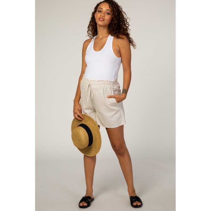 Beige Linen Smocked Waist Maternity Shorts