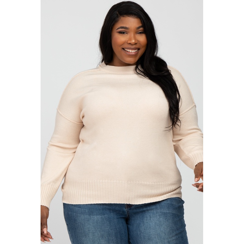 Beige Mock Neck Exposed Seam Plus Sweater