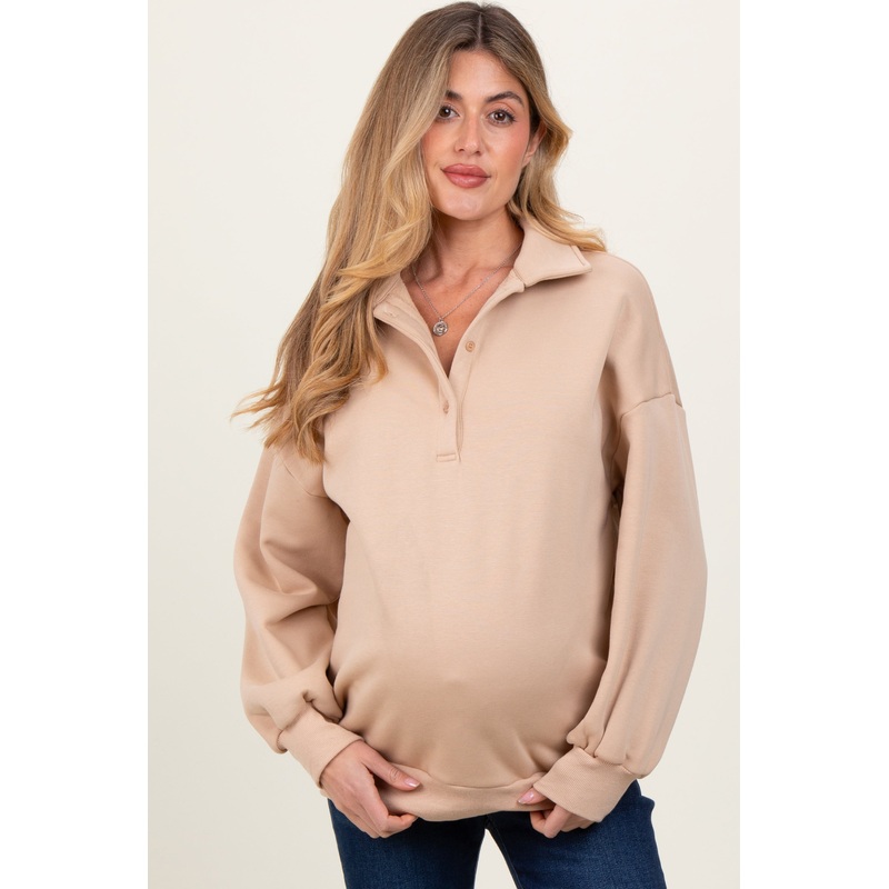 Beige Oversized Long Sleeve Polo Maternity Pullover