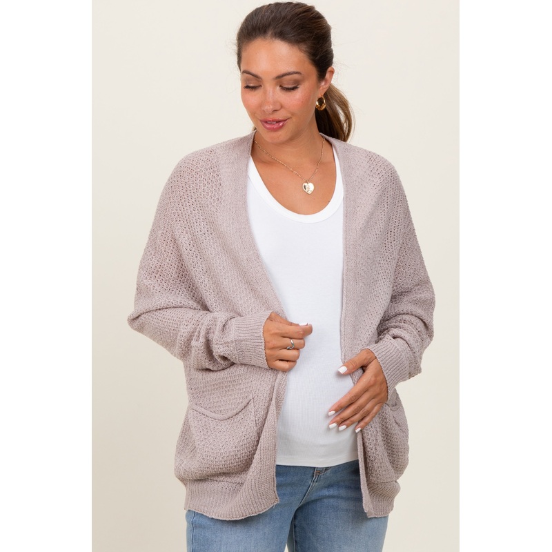 Beige Pocketed Open Maternity Cardigan