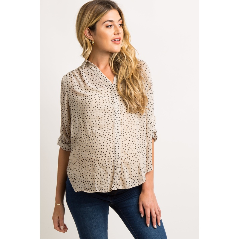 Beige Polka Dot Chiffon Maternity Blouse