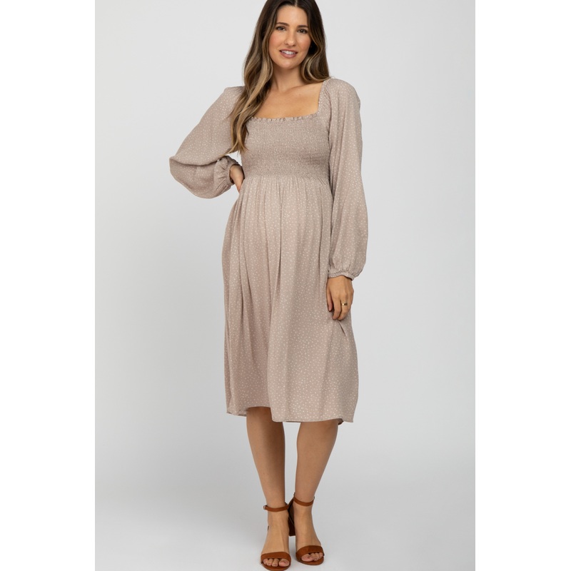 Beige Polka Dot Square Neck Smocked Maternity Midi Dress