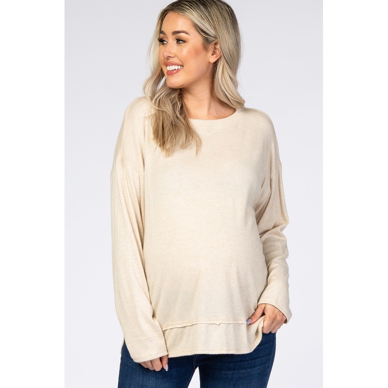 Beige Soft Knit Long Sleeve Maternity Top