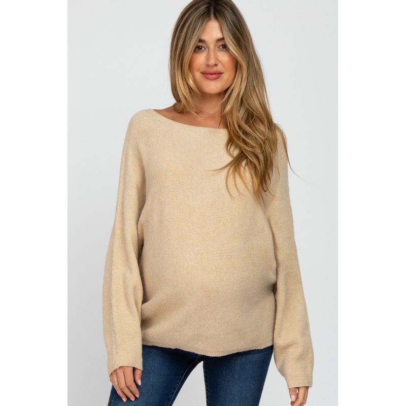 Beige Solid Boat Neck Maternity Sweater