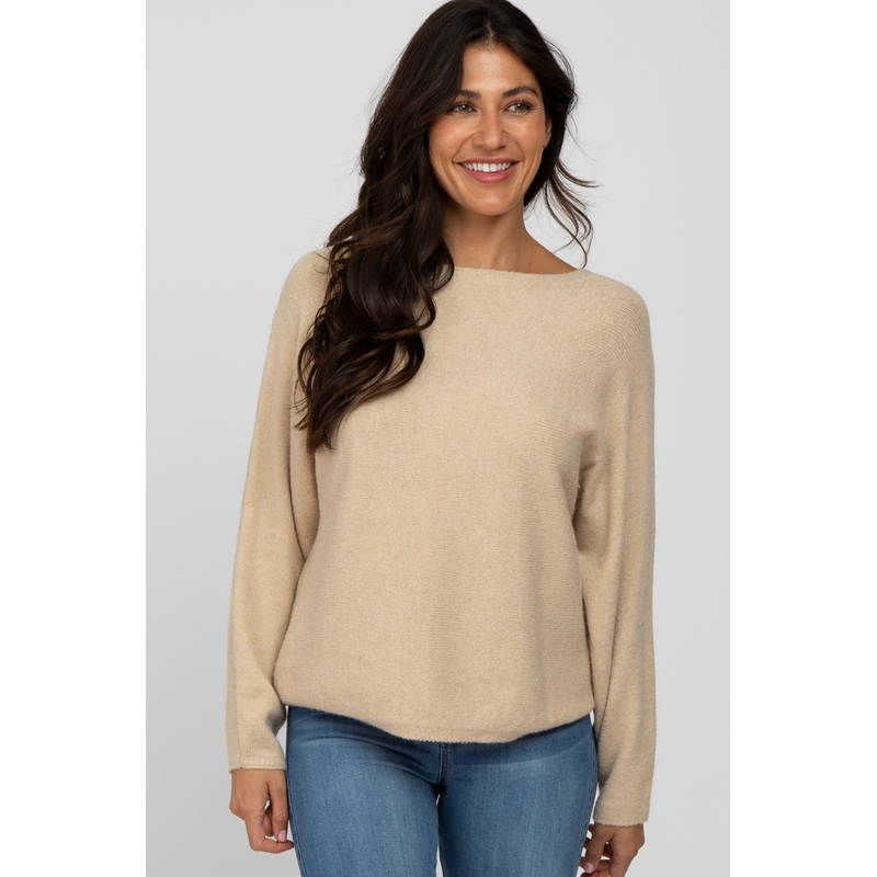 Beige Solid Boat Neck Sweater