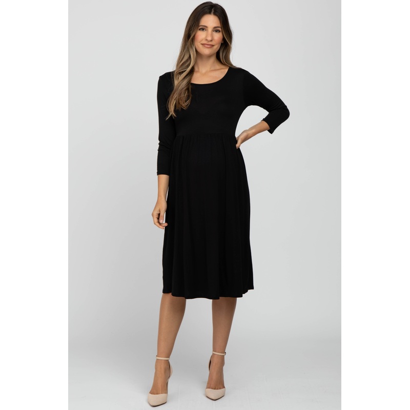 Black Babydoll Maternity Midi Dress