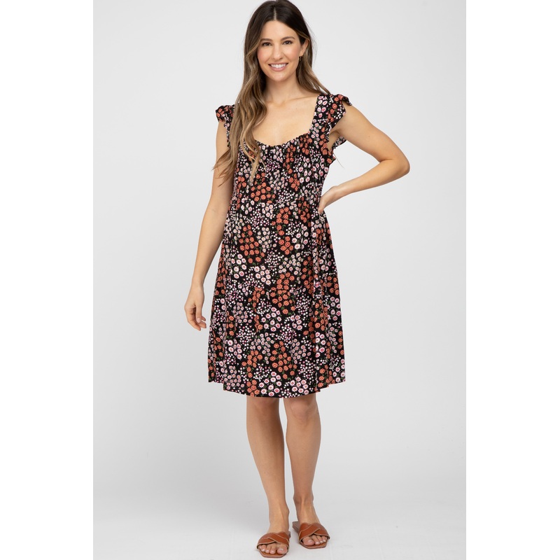 Black Ditsy Floral Flutter Sleeve Maternity Dress