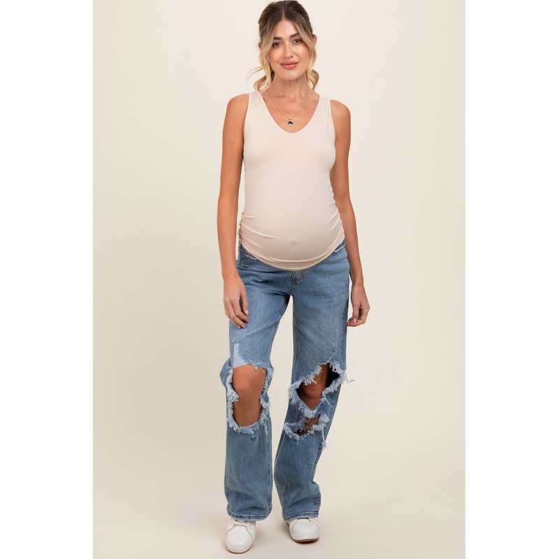 Blue Distressed Open Knee Maternity Wide Leg Jeans