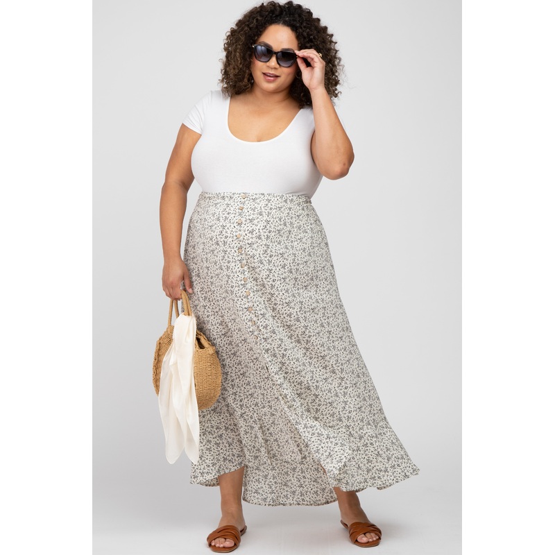 Cream Floral Button Accent Hi-low Maternity Plus Skirt