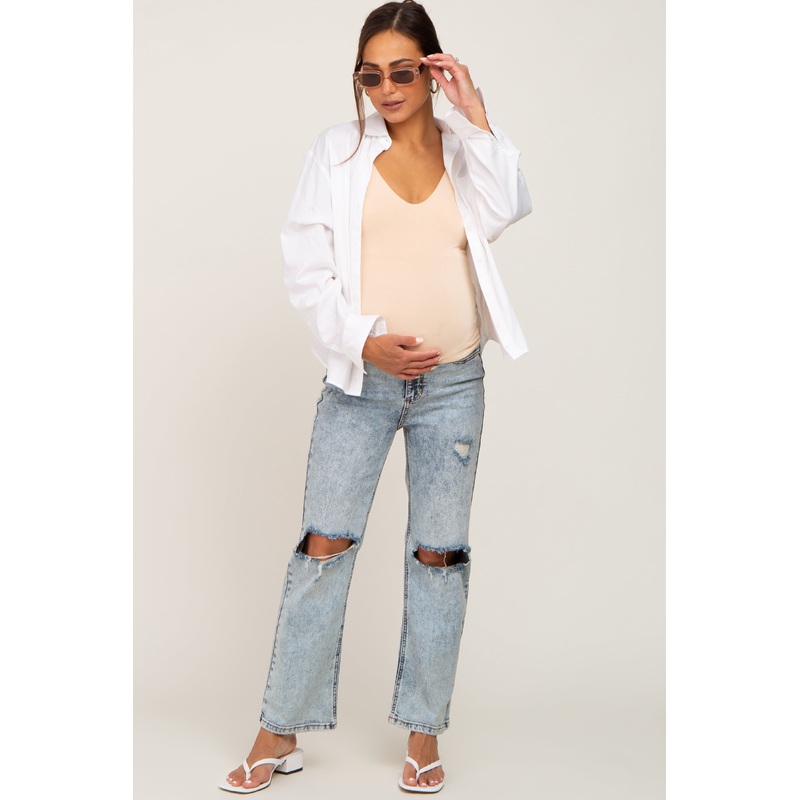 Light Blue Acid Wash Open Knee Maternity Straight Leg Jeans