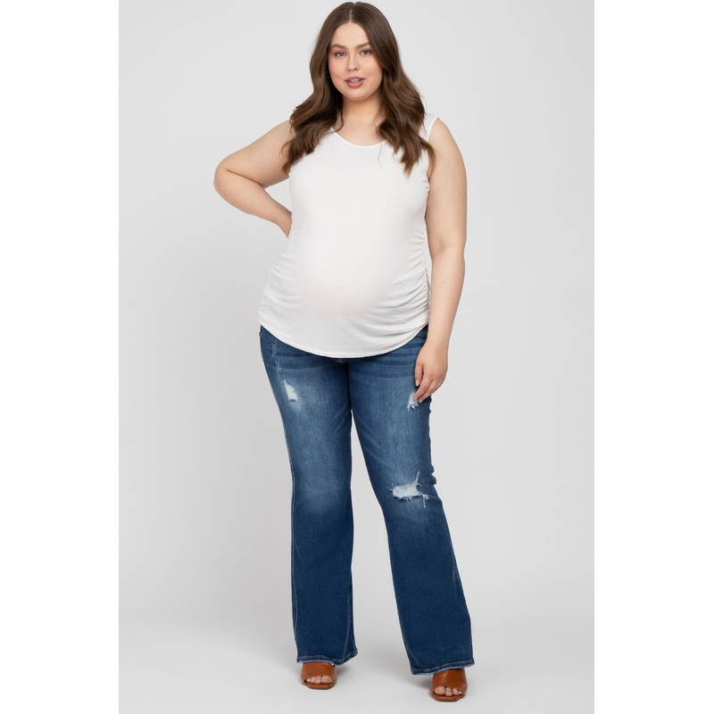 Navy Blue Distressed Flare Leg Maternity Plus Jeans